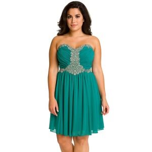City Triangle Strapless HOCO Dress Size 11 Teal Beaded Rhinestone Party Cocktail